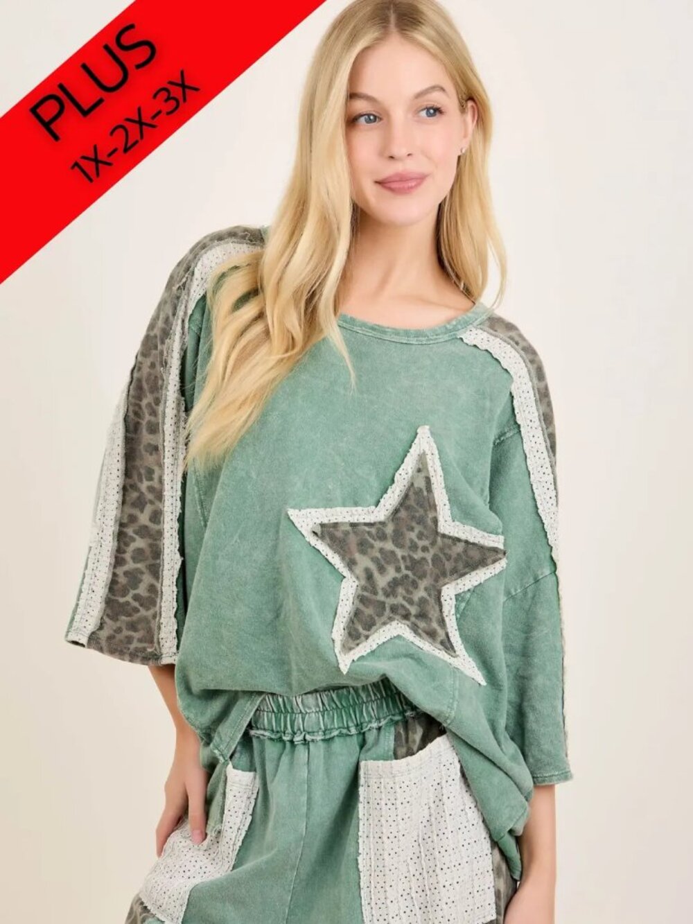J11 J Her Plus Size Mineral Washed Leopard Star Patch Top